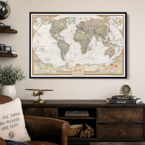 Image of Executive World Push Pin Map - National Geographic Antique Style Canvas Travel Tracker - Framed Wall Decor - Black Float Frame - 24 inch x 36 inch