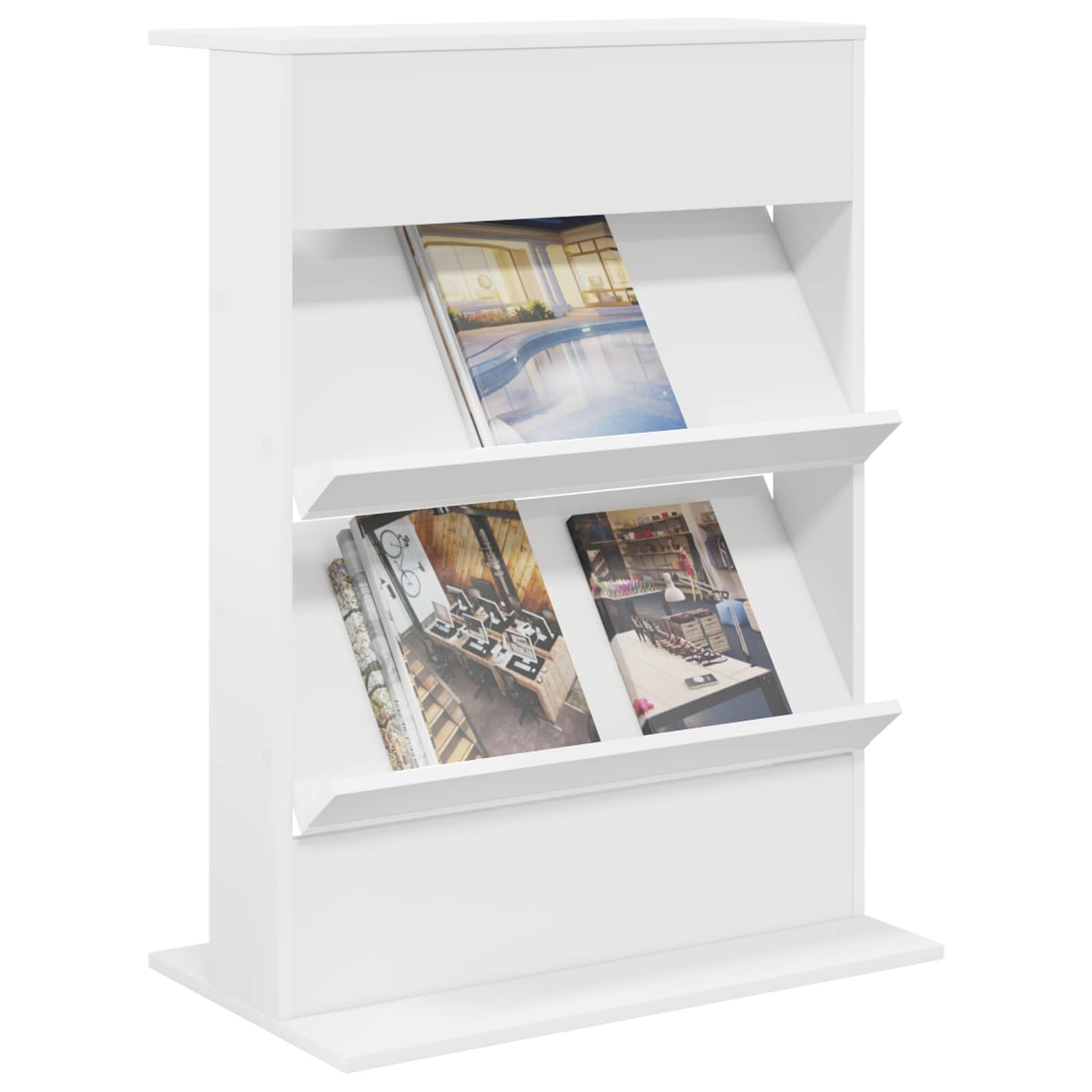 Hothingwell Portariviste in legno di ingegneria bianco 70 x 41 x 96 cm, mensola riviste design minimalista per soggiorno ufficio camera da letto, archiviazione libri e documenti moderni