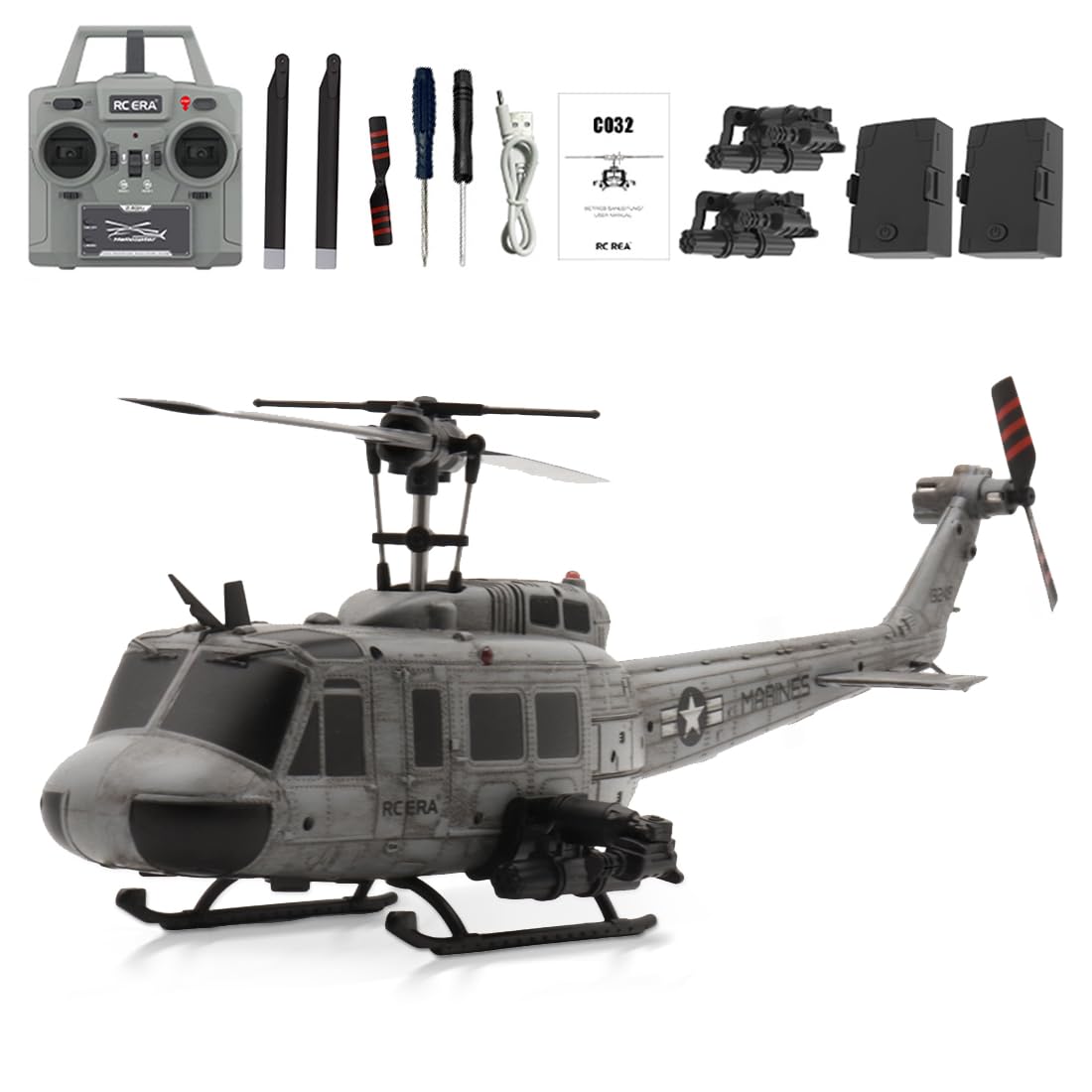 1/48 C032 RC helicóptero de 6 canales modelo de escala sin aire, helicóptero monorotor con giroscopio de 6 ejes, retención de altitud, flujo óptico y posicionamiento TOF (2 baterías)