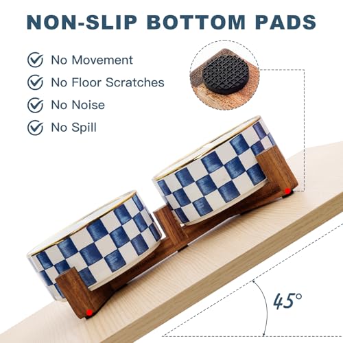 Ceramic Dog Bowls for Medium Dogs, 3.5 Cup Checkered Dog Food and Water Bowl with Acacia Wood Stand, Non-Slip Anti-Tip Elevated Feeding Station, Blue and White - Image 5
