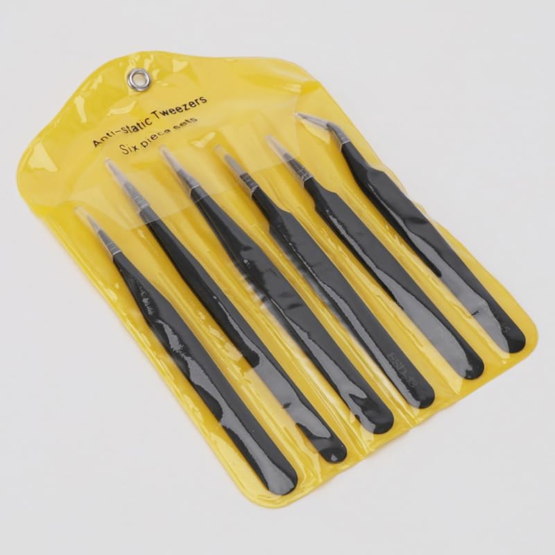 Miniatura 9 de Juego de pinzas de precisión, 6 piezas antiestáticas ESD industriales kit de pinzas industriales negro mate, se adapta para reparación de