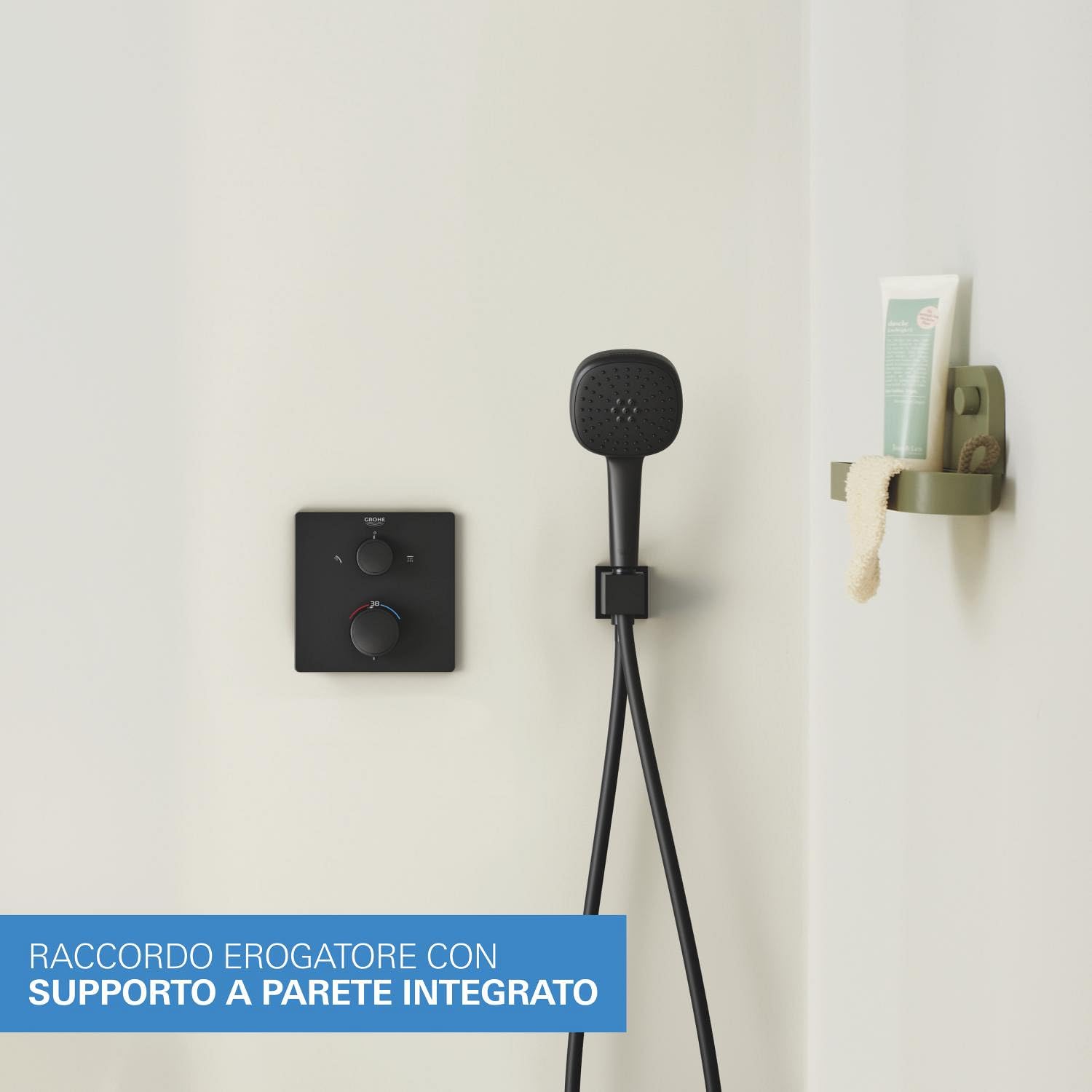 GROHE Precision - Sistema doccia da incasso con termostato per 2 uscite (valvola di intercettazione integrata, soffione 25 cm, doccetta a 2 getti, finitura quadrata), nero opaco, 348822430