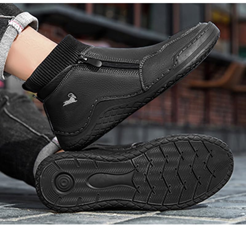 RiceelSor Men's Leather Sock High Top Loafers Hand-Stitching Side Zipper Fully Fur Lined Warm Comfort Driving Ankle Chukka Boots Non-Slip Dress Shoe3