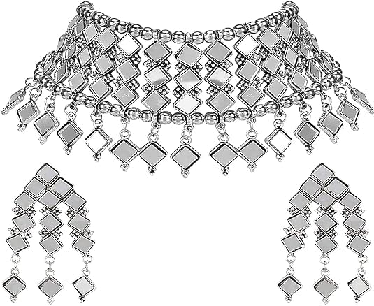 Oxidized Silver Bollywood Style Mirror Choker Fashion Jewelry Necklace Set For Women - Image 4