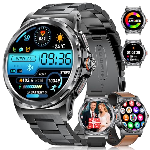LIGE Militar Reloj Inteligente Hombre con Llamadas Bluetooth/Asistente de Voz, 1,43'' AMOLED Fitness Tracker con 100+ Modos Deportivos, Smartwatch para iOS Android, Calorías/Podómetro, Negro Marrón