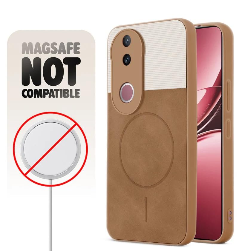 Image of Bintage CASE Mac Safe Design Hard Light Weight Back Case | Soft Border Camera Protect | Dual PU Leather Finish Back Cover Compatible for Vivo V50 5G /Vivo T4R 5G - White & Brown