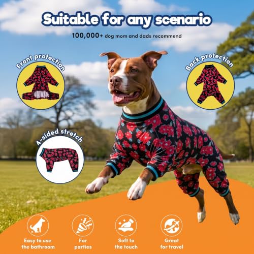 LovinPet Hunde-Pyjama, Bekleidung für mittelgroße Hunde – große Hundejammies, Blumenmuster, Marineblau und Rubin, Pitbull-Kleidung, Leichter Pullover, Haustier-Pyjama, Pitbull-Einteiler, Größe L