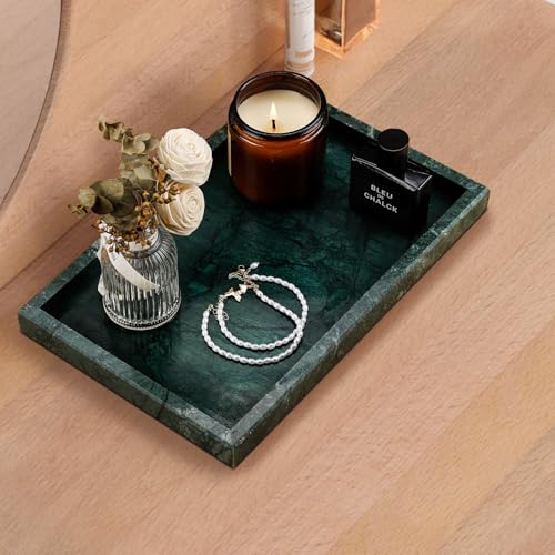 Image of Real Natural Marble Tray for Bathroom, Vanity, Kitchen and Desktop, Rectangle Genuine Marble Stone Tray for Jewelry, Cosmetics, Candles, Lotion, Perfume and Home Decor