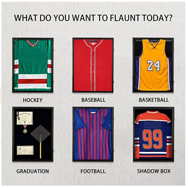 Image of Jersey Frame Display Case 4 Pack, Large Lockable Shadow Box Sports Jersey Frame with UV Protection Acrylic and 2 Hanger for Baseball Basketball Football Soccer Hockey Shirt,Graduates Black