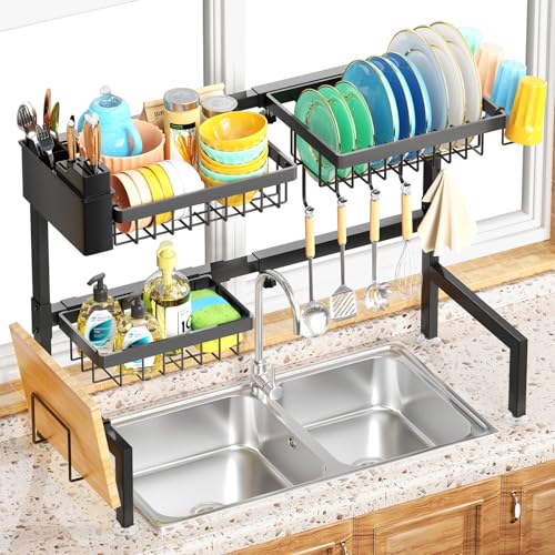YKLSLH Over The Sink Dish Drying Rack 2 Tiers, for All Sinks (26.57'-35'),Expandable Large Capacity Sink Rack, Metal Drying Rack for Kitchen and Family Use