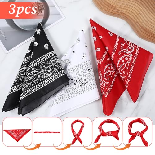 simarro 3 Stück Bandana Kopftuch Damen und Herren, 55 x 55 cm Paisley Muster Halstuch Pirat Cowboy Tuch Vierecktuch für Headwear Haar Schal Ansatz Handgelenk Biker (Rot, Schwarz, Weiß)