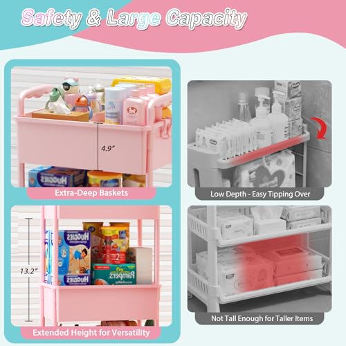 Image of SUNALLY Baby Diaper Caddy Cart, 3 Tier Rolling Diaper Cart with Lockable Wheels for Nursery Essentials, Large Capacity & Easy Assemble Diaper Storage Organizer for Newborn,New Mom, Pink