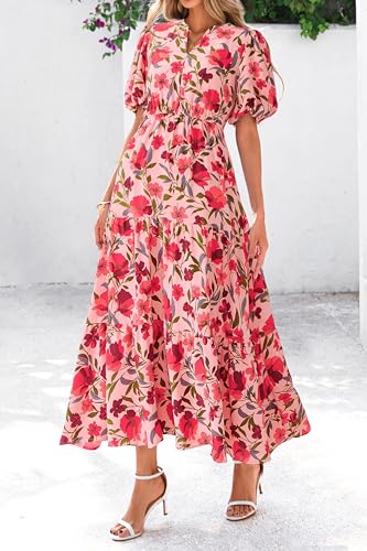 dowerme Womens Summer Dresses 2026 Casual Puff Short Sleeve V Neck Floral Boho Tiered Ruffle Maxi Dress with Pockets(Orange Pink Red Flower,X-Large) — view 6