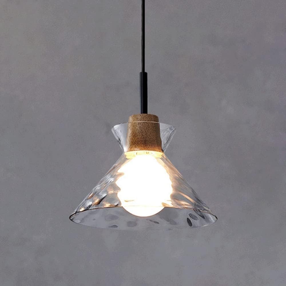 FEITENGDA Nordic Minimalist Small Decor Pendant Light Mid Century Clear Hammered Glass Hanging Lamp Modern Chandelier with Wooden Accent for Dining Room Living Room Hallway(Funnel)