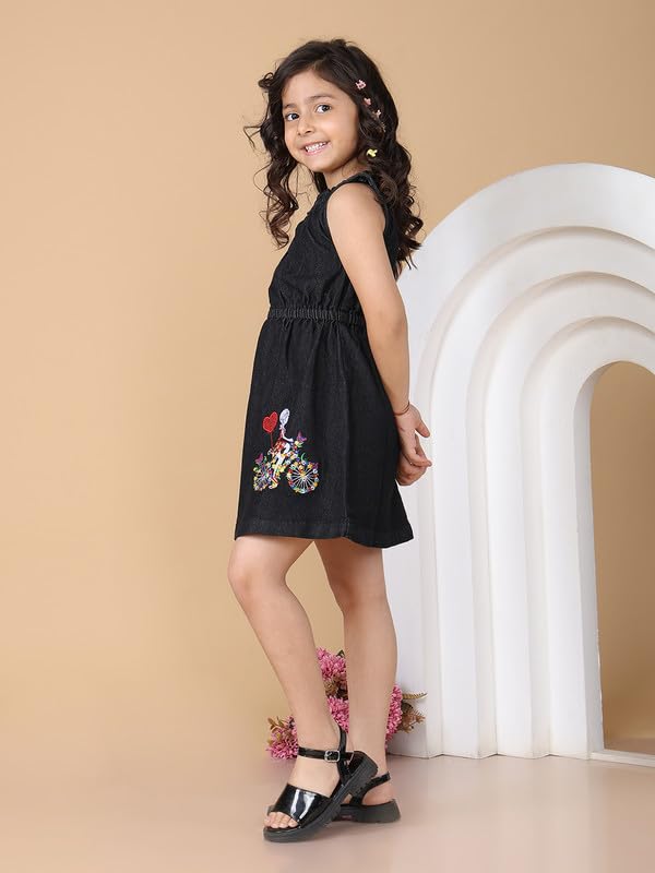 Image of superminis Girls Denim Solid Color Half Sleeves Dress with Embroidered Pocket (1 Dress)