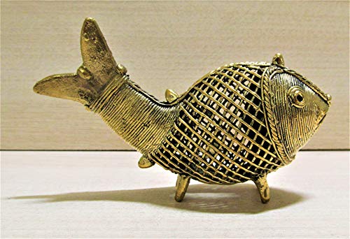 Image of Dhokra Metal Handcrafted Collectible Figurine of Small Netted Golden Fish for Home Decor | Desk Decor (12 cm)