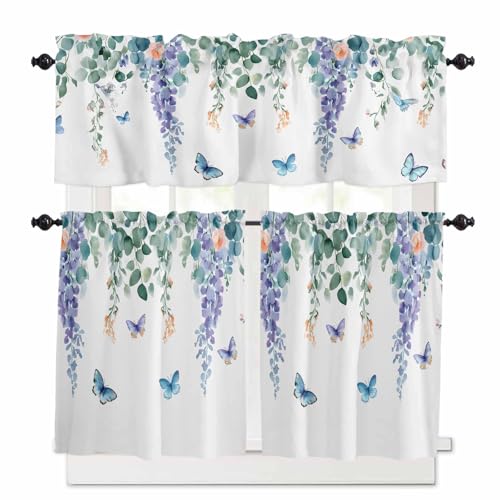 Eucalyptus Leaves Kitchen Curtains 36 Inch Length,3 Piece Rod Pocket Small Half Tiers and Valance Set,Watercolor Botanical Floral Butterfly Small Large Window Treatment Decor for Bedroom/Bathroom