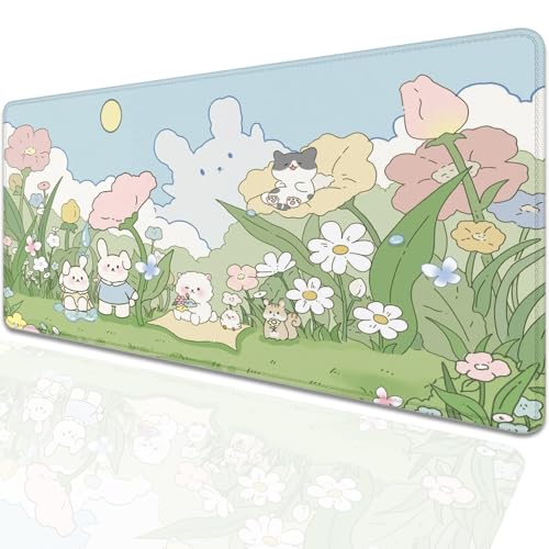 Image of Cute Cartoon Bear Rabbit Cat and Flowers Extended Desk Pad Mouse Pad,Stitched Edges Non-Slip Rubber Base XL Mouse Mat Desk Mat for Office Home Work Floral Mousepad(27.5X11.8 Inch)