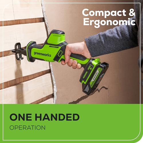 Image of Greenworks 24V Brushless Cordless Reciprocating Saw,1 inch Compact One-Handed Recip Saw(3,000 SPM),Variable Speed, 2.0Ah Battery and Compact Charger Included,‎ RSG404
