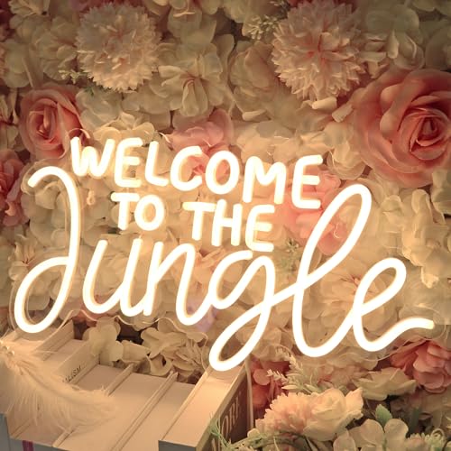 Image of Planzo Welcome to the Jungle LED Neon Sign Light Baby Shower Wall Decor | Bedroom Kids Room Neon Sign for Home Decor, Safari Jungle Themed Party Decor, Kids Birthday Gift, USB, 16.93 inchx9.06 inchWarm White