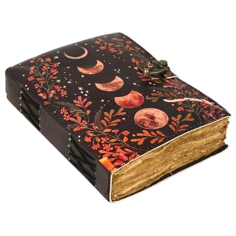 AGWANI HANDICRAFT Blank Spell Book of Shadows Journal with Lock Clasp Vintage Handmade Leather Journal Moon Phase Print Diary Prayer Pagan Witchcraft Supplies Wiccan Decor Notebook Daily (7x5 Inch) Cover