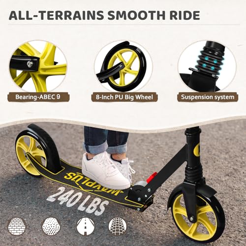 image for WAYPLUS Foldable Kick Scooter for Kids, Teens and Adults, Yellow, 8-In