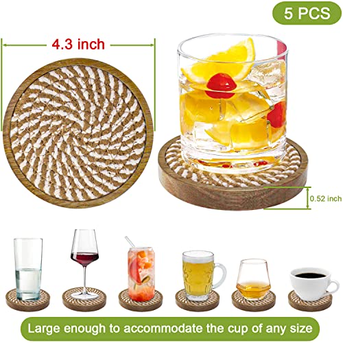 Eykao 5 Pack Coasters for Drinks Absorbent, 4.3 inches Woven Coasters for Coffee Tables, Wooden Drink Coasters for Table Protection, Reusable Drink Coasters for Kitchen, Farmhouse, Bar, Office, Brown