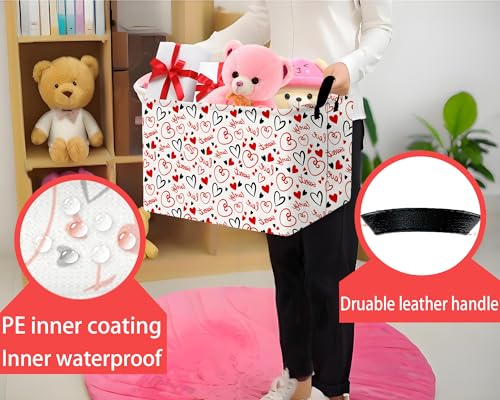 Image of Large Valentine's Day Basket Heart Shaped Storage Bin for Gifts Collapsible Organizer Room Decor (Black Red Empty Lines Love)