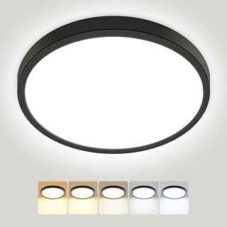 Peasur Deckenlampe LED Deckenleuchte Flach,5Farben-3000/3500/4000/5000/6500K,IP54 Wasserfest Badezimmer Lampe Decke,18W Modern Rund Lampe für bad flur schlafzimmer keller Wohnzimmer,22*1.6cm,Schwarz