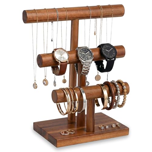 Decorasian Schmuckständer Holz - 3 Etagen Armbandhalter & Uhrenständer aus Akazienholz - Armbandständer für Armreifen Haargummis & Uhren - Vintage Schmuck Organizer & Display