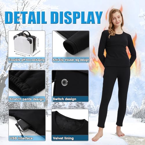 Women's Thermal Underwear Set, USB Electric Thermal Heated Long Johns Set with Power Bank for Outdoor Sports Skiing3