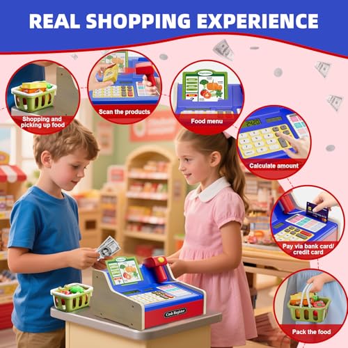 Image of HYES Rechargeable Wooden Cash Register for Kids, Toy Cash Register with Play Money, Toy Food, Pretend Play Supermarket & Fast Food Restaurant, Toddler Learning Toys for Boy & Girl Age 3-5, Blue