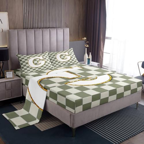 Image of Erosebridal Sage Green Checkered Bed Sheets King Plaid Initial G Sheet Set Personalized Monogram Bedding Set for Kids Boys Girls,Fashion Grids Gingham Fitted Flat Sheets 4 Piece