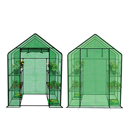 Reinforced Walk-in Greenhouse with Window,Plant Gardening Green House 2 Tiers and 8 Shelves,L56.5 x W56.5 x H76.5
