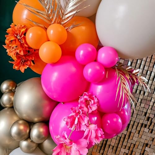 Image of Pink and Orange Balloons, 60Pcs 12 Inch Hot Pink Orange Gold Party Balloon for Summer Tropical Theme Graduation Girls Women Birthday Wedding Bridal Baby Shower
