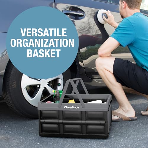 Image of CleverMade Collapsible Shopping Basket 32L, 3 Pack - Folding Grocery Basket with Handles, Stackable Reusable Storage Crate with 35 lb Capacity, Recycled Plastic, Car Trunk Organizer- Stone Gray