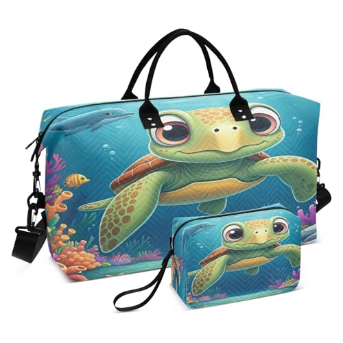 ​​Large Foldable Travel Duffel Bag, Waterproof Gym Bag for Men & Women, Carry-On Luggage Weekender Overnight Bag, Cartoon Swimming Turtle