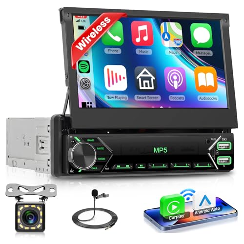 VECHTEL Autoradio 1 Din Carplay Android Auto Wireless mit 7 Zoll Manuell einziehbar Bildschirm,FM Radio mit Bluetooth,GPS,Mirror Link,2 USB/Type-C/TF,Auto Radio mit Rückfahrkamera/Lenkradsteuerung