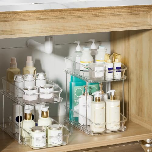Image of Delamu Bathroom Under Sink Organizers and Storage, 2 Pack, Clear | 2-Tier Multi-Purpose, Stackable, Pull Out Cabinet Kitchen Pantry Organization and Storage with Dividers