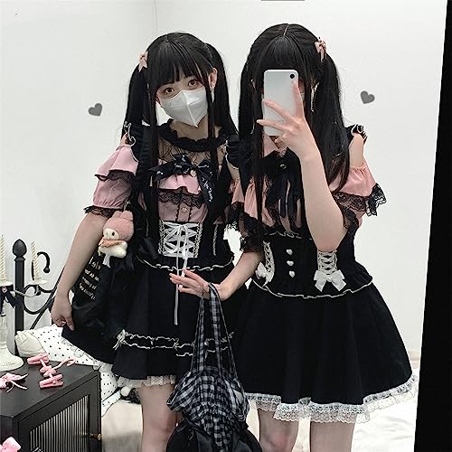 Sweet Cold Shoulder Shirt Women Lolita Lace Mesh Sheer Short Sleeve Blouse Vintage Ruffle Button Cute Tops4