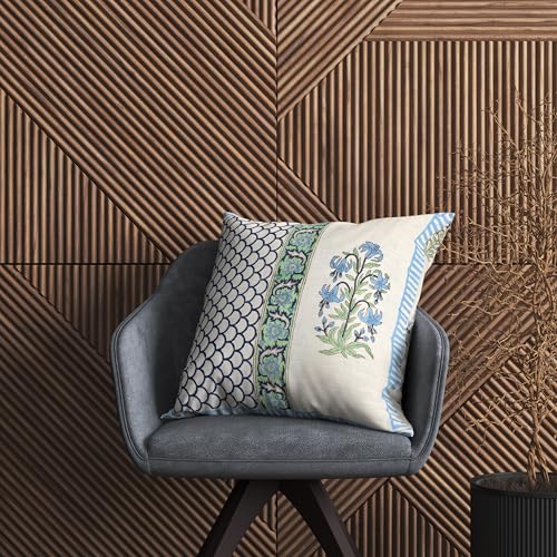 Image of BLOCKS OF INDIA Hand Block Printed Cotton Linen Cushion Cover (16 x 16 inches) (DYE Blue Green Half)