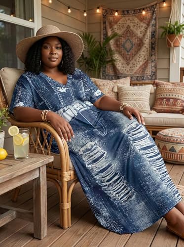 Image of SUZONANA Plus Size Denim Print Maxi Dresses for Women Casual V Neck Short Sleeve with Pockets Soft Jean Look Dress XL-6XL