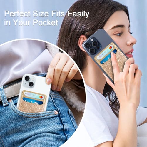 Image of Self Adhesive Card Holders for Back of Phone, Leather RFID Phone Wallet Pockets Stick On, Credit Card Holders Sleeve for Phone Case Compatible with Most of Smartphones, Glitter Gold