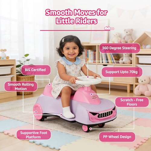 Image of Amazon Brand - Jam & Honey Ride-On Swing Car for Kids 12+ Months| Premium Design with Stable Overhang Base | PU Wheels | Supports up to 100 kg | Indoor & Outdoor - Pink