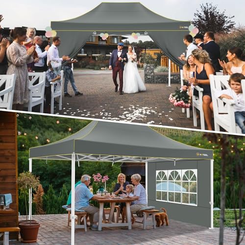 Image of HOTEEL 10x15 Heavy Duty Pop Up Canopy with Sidewalls, Party Tent with Roller Bag for Event Wedding, Upgraded Commercial Waterproof Instant Canopy, Thick Hexagonal Legs, UPF50+, Gray