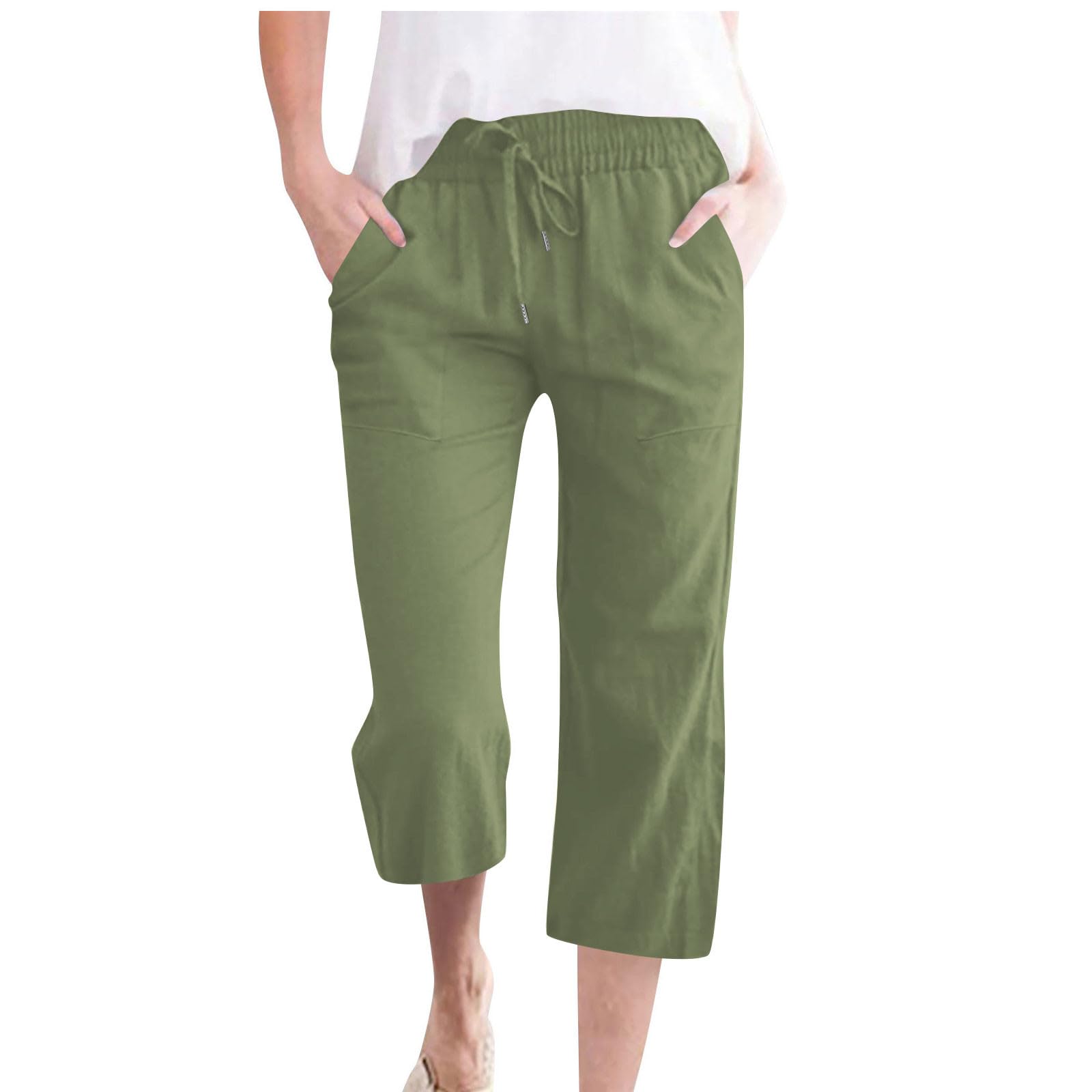 Leinenhose Damen Sommer 3/4,Baumwolle Leinen Stoffhose Leicht Atmungsaktiv Yogahose Einfarbig Lässig Caprihose Weites Bein Hosen mit Taschen Elastische Bequeme Sommerhose Weich Sporthose für Frauen