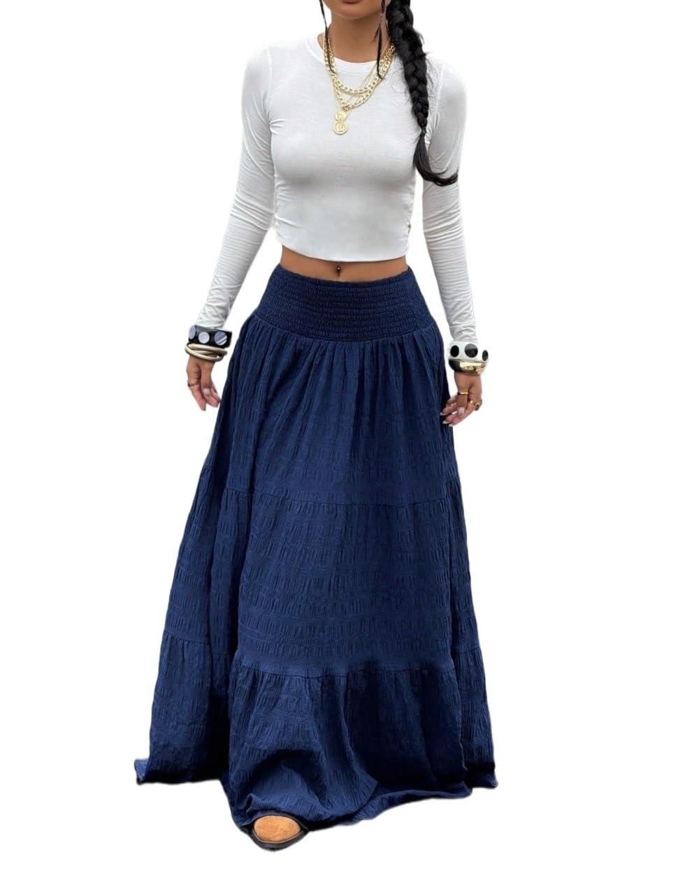 Womens Casual Non-Stretch Ruffle Hem Low Waist Maxi Skirt Trendy Stylish Skirts