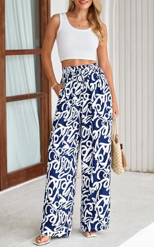 Image of PRETTYGARDEN Womens Pants Elastic Waist Floral Lightweight Palazzo Pants for Women Casual Lounge Wide Leg Pants Woman