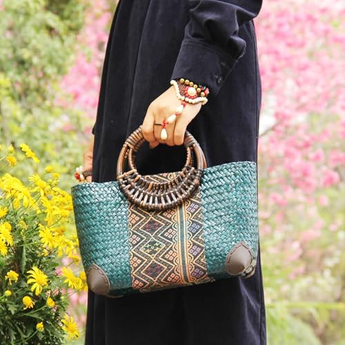Bolso de playa para mujer, bolso tote de ratán artesanal, asa redonda de bambú miniatura 5
