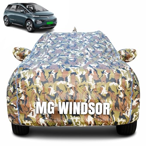 Image of 100% Waterproof Car Body Cover for MG Windsor (2024-2025) with Mirror Pocket (Heat & UV Resistant, Triple Stitched, Soft Lining, Bottom Elastic & Piping) Camouflage, Military Print